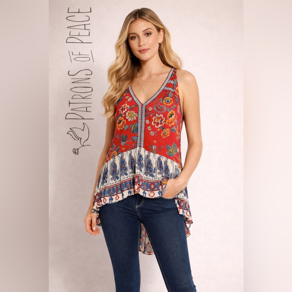 Patrons of Peace BOHO Sleeveless Ruffle Hem Peplum Mixed Floral Top